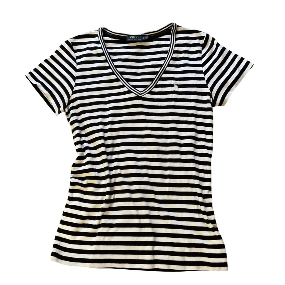 Polo Ralph Lauren Womens Black White Striped V-Neck Short Sleeve T-Shirt Large